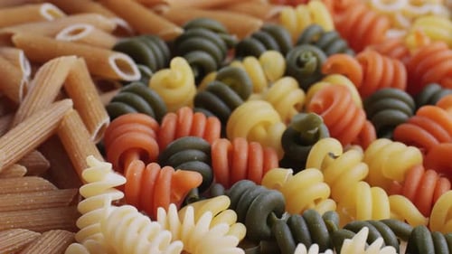 Pasta Mix Different Italian Tagliatelle Fussili Pasta Packaging Window Fettuccine Pasta Close Up Not