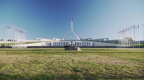 Distant View Of The Parliament House On A Sunny Day In Canberra, Australia. wide shot