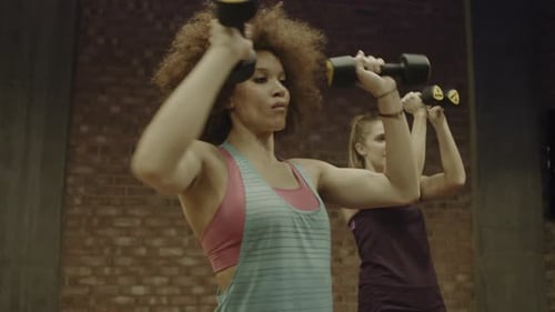Group of adult women exercising with weights in gym