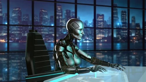 AI Robot Typing Financial Data Holographic Interface Closeup 4K
