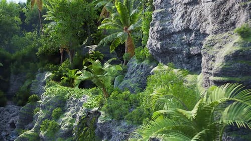 Lush Tropical Vegetation Along Rocky Cliffs in a Vibrant Green Landscape