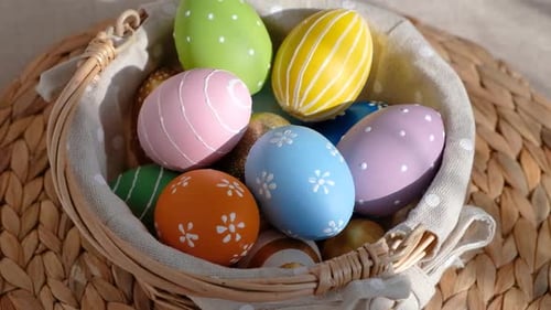 Easter Colorful Eggs in Busket on White Wooden Table