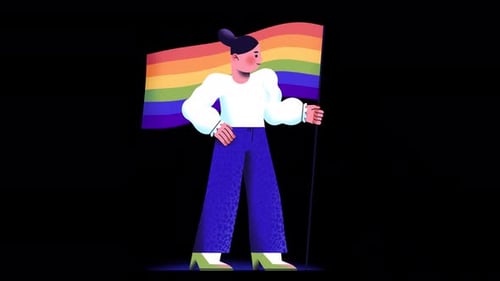 Animated Illustration of Person Holding Waving Pride Flag