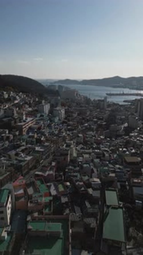 Aerial video of a colorful village, Gamcheon culture, Busan, Busan, South Korea