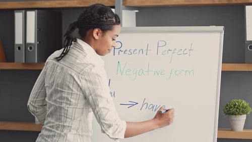 Woman Writing Grammar Lesson on Whiteboard Indoors