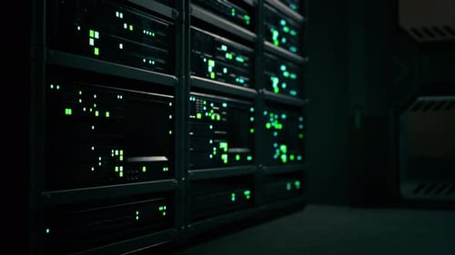 Network Server Room with Servers Running Processes