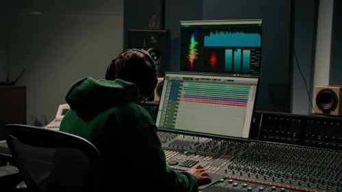 Energetic audio engineer producer working in recording studio mixing tracks on console and hit maker