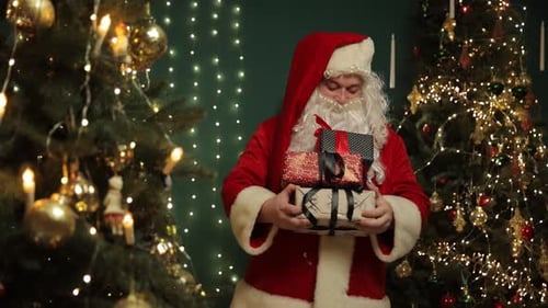 Santa Claus Holds Gifts by Christmas Tree