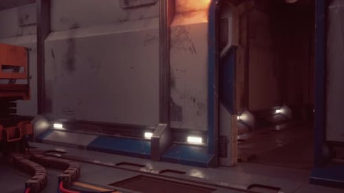 Interior de paredes metálicas de la estación espacial con iluminación tenue