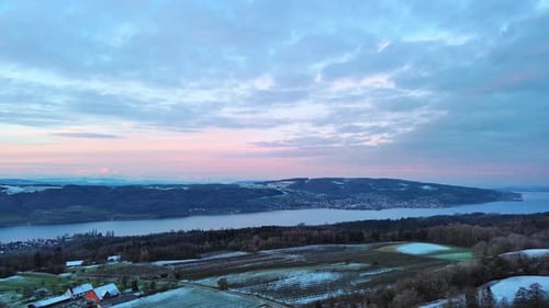 Agricultural Fields and Trees Covered with Snow Villages Near the River Rhine Between the Hills