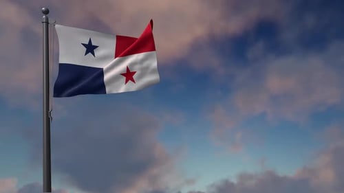 Panama Flag Waving Against Cloudy Blue Sky