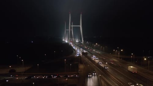 Aerial View Traffic City Bridge Road at Night Roadway in Modern Big City in Evening