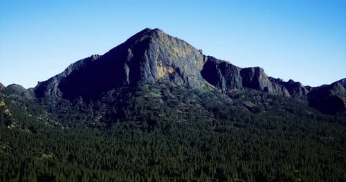 Mountain Peak Rises Above Dense Forest Under a Clear Blue Sky
