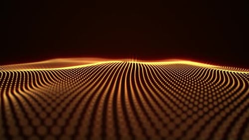 Abstract horizon made of golden dots. Digital wavy, dynamically moving background. Linear golden sea