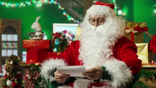 Man Dressed as Santa Reading Letter Indoors