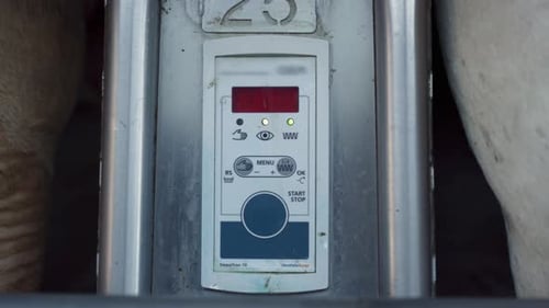 Équipement technologique Système de traite des vaches affichant des données de production importantes en gros plan. Moderne R...