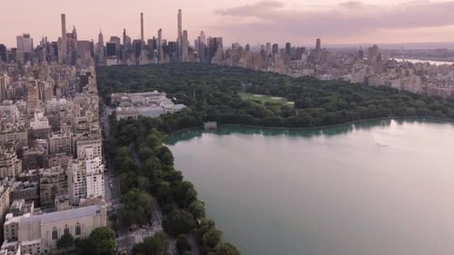 Aerial Footage New York Downtown Manhattan Skyscrapers Central Park Background