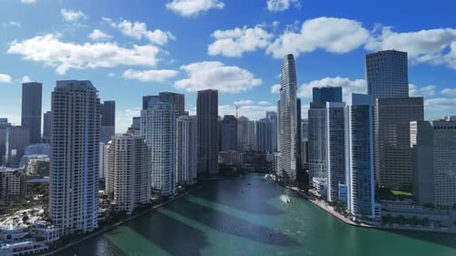 Aerial Drone Flying Over Miami River in Florida