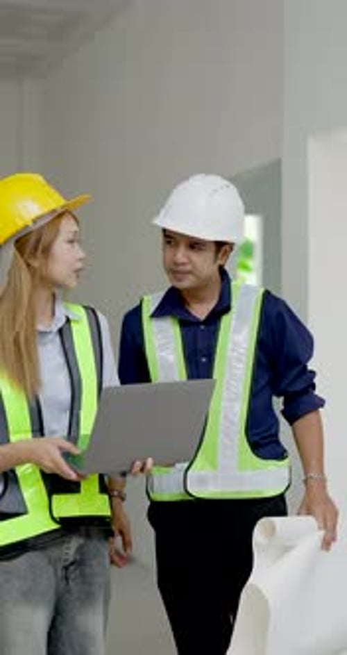 Asian female engineer and male contractor walk through unfinished interior, reviewing laptop report