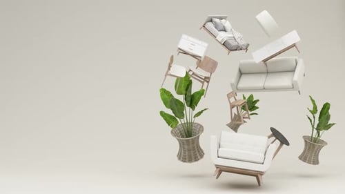Floating Modern Furniture and Plants Arrangement