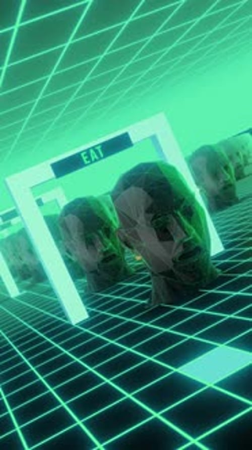 Futuristic Neon Grid with Abstract Heads and Control Words