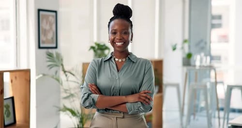 Face, recruitment and black woman with arms crossed in office, confident