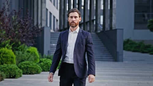 Caucasian Man Businessman Walking Near Office Building Successful Confident Business Male