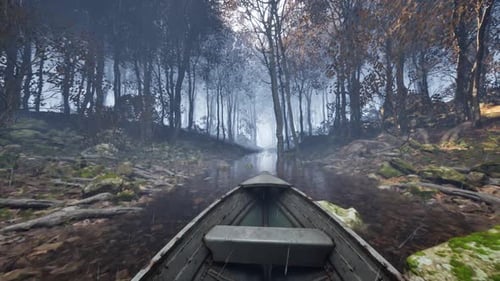 Punto de vista: Paseo en bote por el lluvioso bosque otoñal