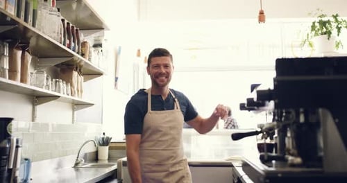 Happiness, coffee shop service and barista man, cafe waiter or server smile for restaurant job