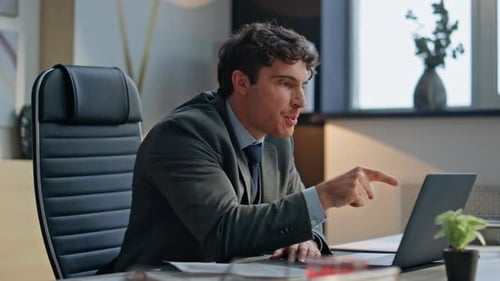 Emotional Businessman Quarrelling Video Call Office Closeup Guy Throwing Papers
