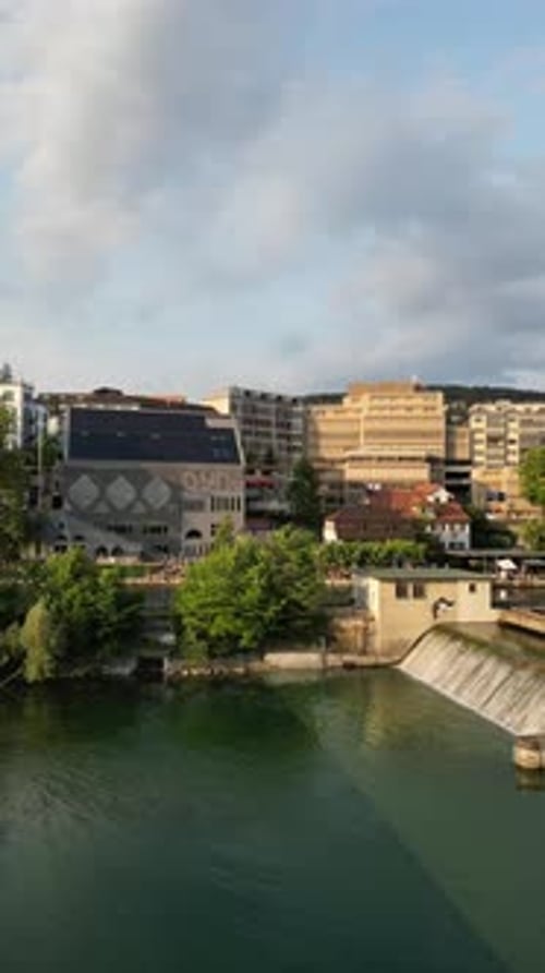 Aerial cityscape flythrough video of Zurich and River Limmat, Switzerland