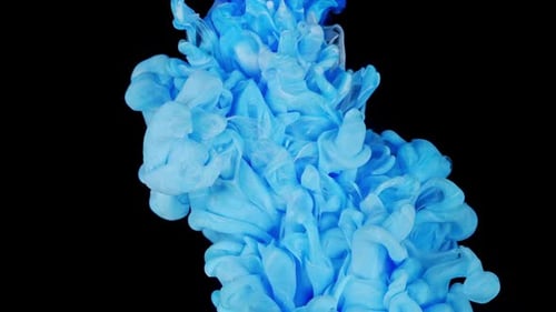 Abstrakte Farben, Mischung aus flüssiger Kunsttinte, blaue und weiße Farbtropfen im Wasser, Zeitlupe von Flüssigkeit