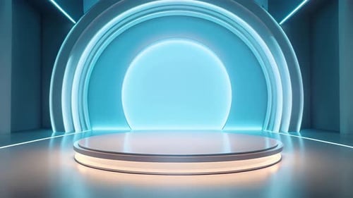 Futuristic Neon Stage with Circular Arch and Glowing Podium
