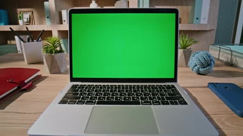 Hand Pressing Key Mockup Laptop Turning on Video Lesson at Home Closeup