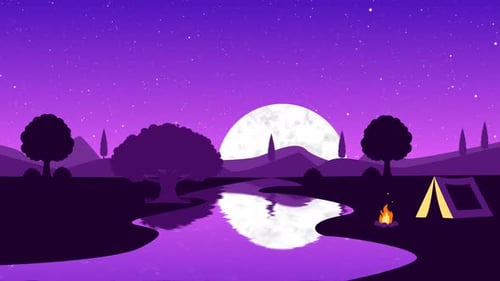 Animated Night Camping Scene with Moonrise and Twinkling Stars