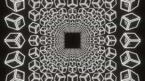 Tunnel à travers une boucle Vj sur fond de carrés de néon blancs en mouvement en 4K