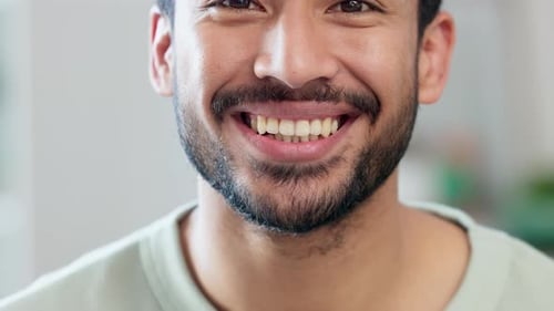 White teeth, big smile and healthy mouth and face of a man looking happy
