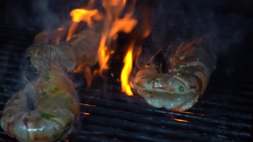Shrimps on fire!Delicious shrimp on the grill. A slow motion shot