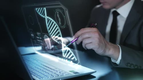 A Man Works With A Virtual Panel With The DNA Structure