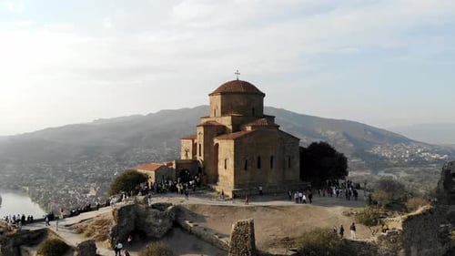Jvari Monastery, Mtskheta, Georgia. Aerial view. Sunny day