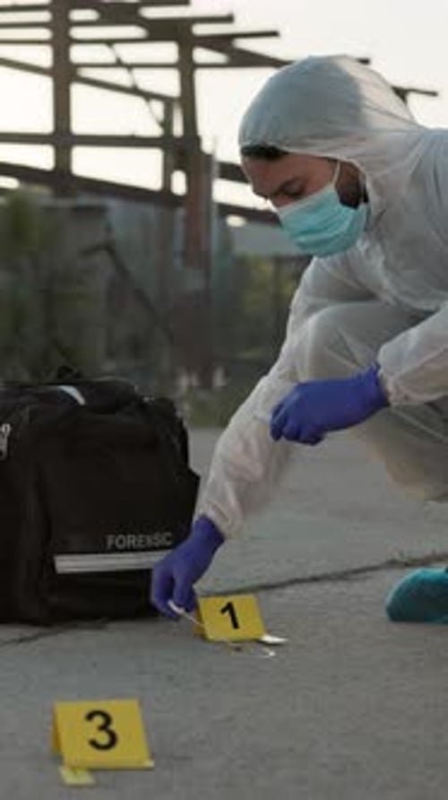 Forensic, number and crime scene on road, outdoor and swab for medical research