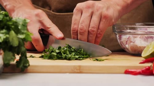 Cilantro Parsley Cutting By Knife Close Up Chef Chop Cut Coriander Aromatic Traditional Asian and