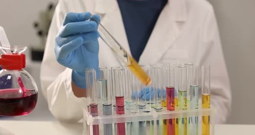 Scientist working with different samples at table in laboratory, closeup. Solution chemistry