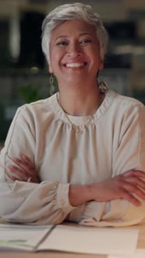 Face, mature woman and document in office at night for legal contract, compliance information