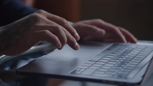 Businessman Hands Using Laptop Touchpad Extreme Close Up