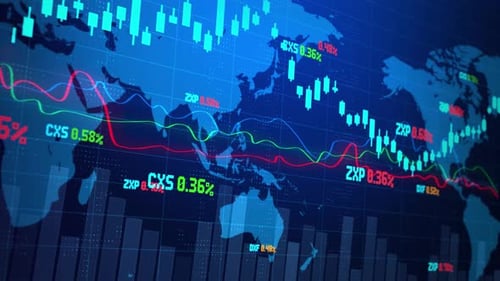 Candlestick Graph Chart with Digital Data Uptrend or Down Trend of Price of Stock Market