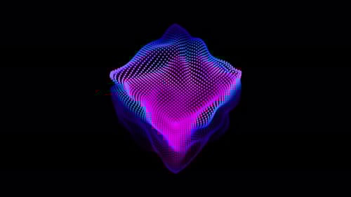 Ondas de distorsión en bucle sobre un cubo abstracto de partículas, datos digitales, salpicadura de caja, matriz de puntos