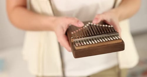 Woman playing kalimba at home, closeup. Musical instrument