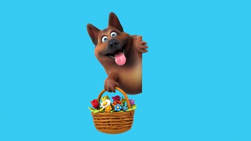 Animated Cartoon German Shepherd with Flower Basket
