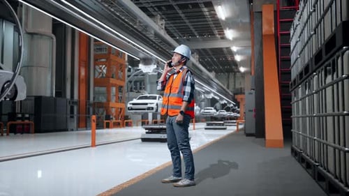 Vue latérale complète du corps d'un ingénieur asiatique parlant sur un smartphone dans une usine de voitures électriques